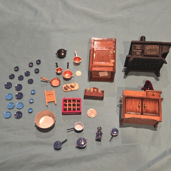 VINTAGE Dollhouse Kitchen Set With Real Cast Iron Stove - Picture 1 of 13